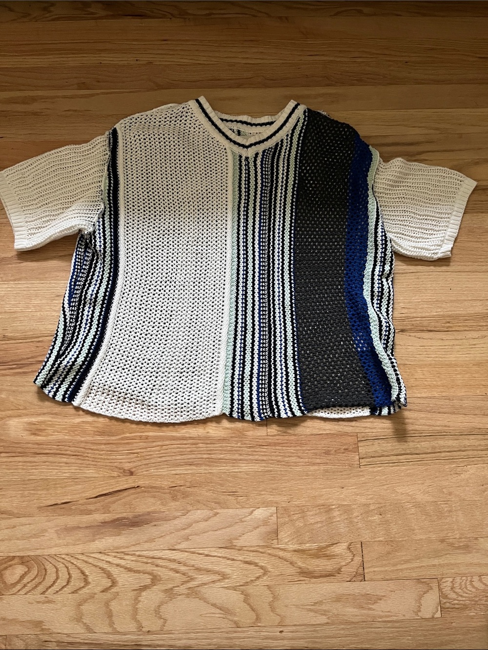 BDG Striped Open-Knit V-Neck Sweater Top in White, Navy & Black